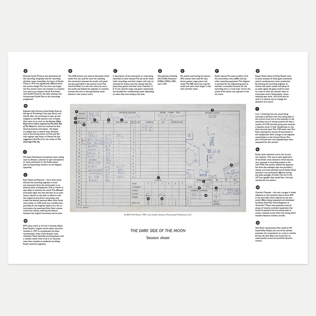 Abbey Road Studios x Pink Floyd 'The Dark Side of The Moon' Session Sheet - Image 4