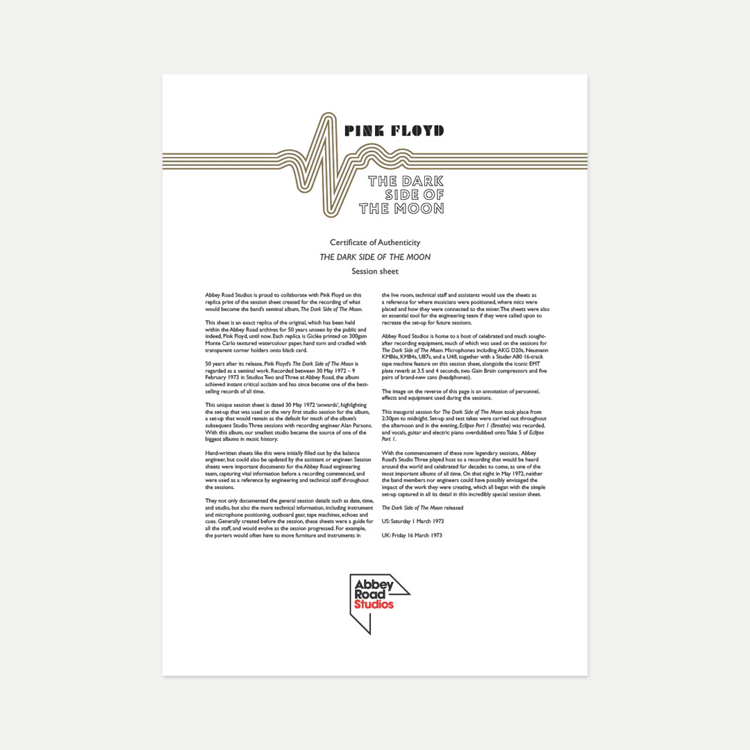 Abbey Road Studios x Pink Floyd 'The Dark Side of The Moon' Session Sheet - Image 5
